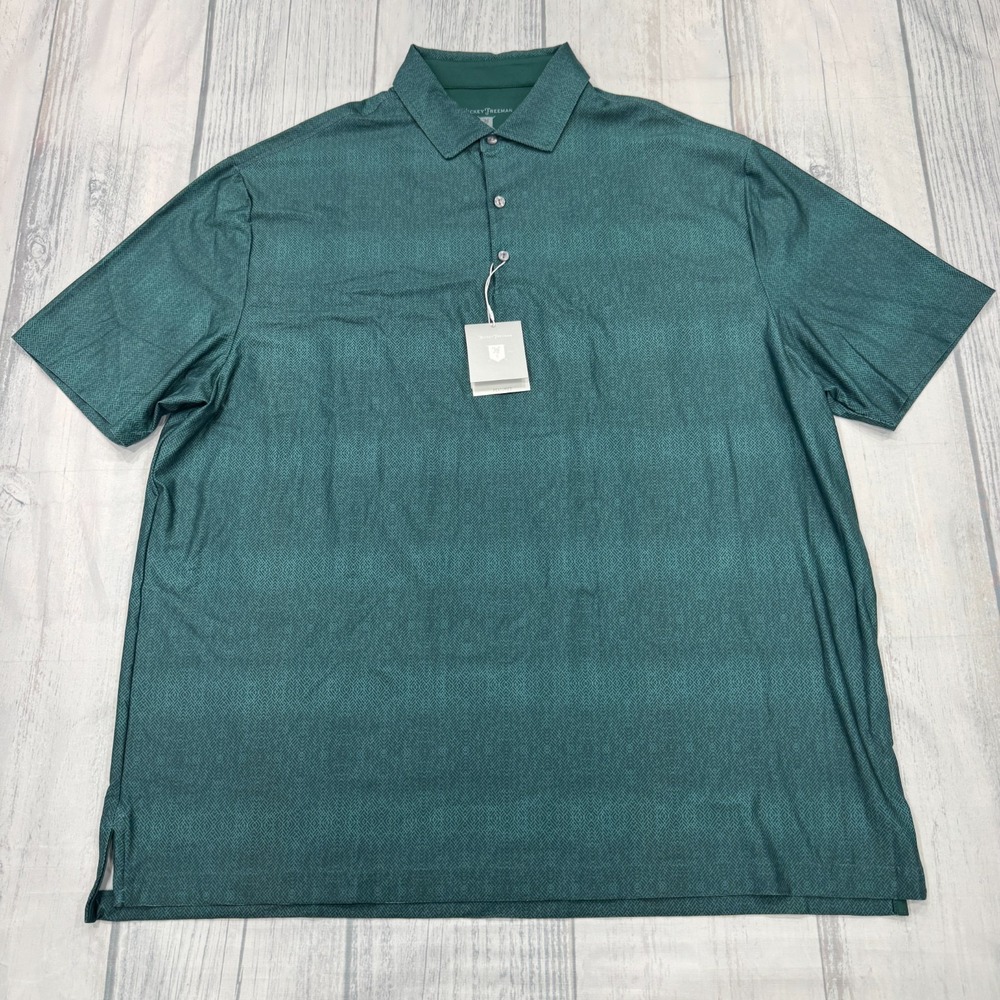 NWT Hickey Freeman Golf Polo Shirt 2XL Green Geometric UPF 30 Stretch Wick Mens